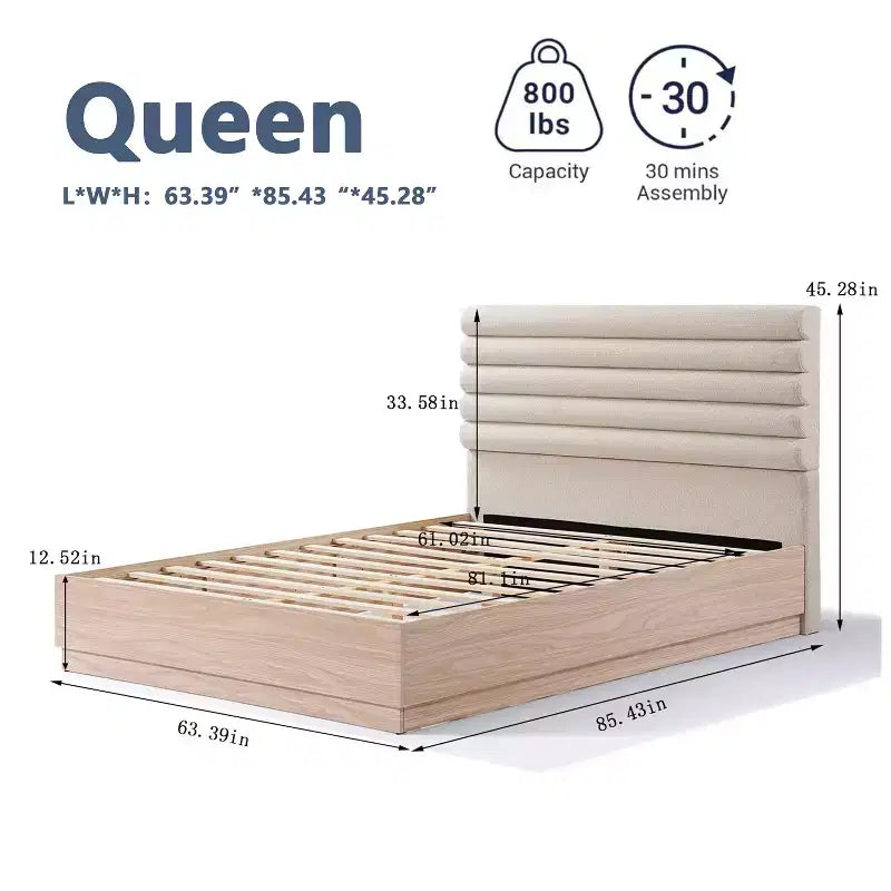 Wood Bed Frame with Taupe Boucle Upholstered Headboard