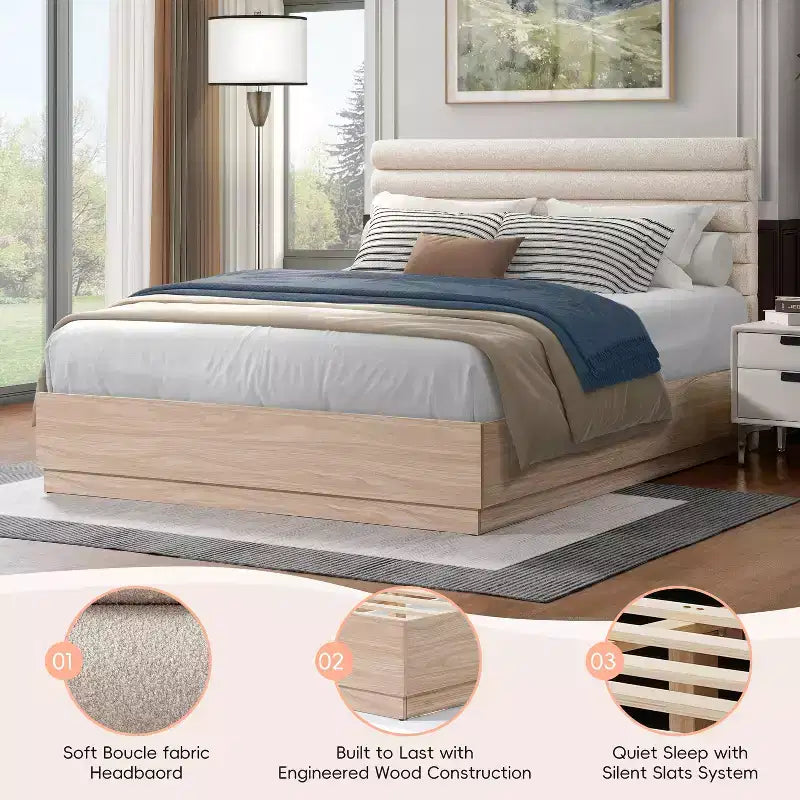 Cadre de lit en bois avec tête de lit capitonnée en boucle taupe