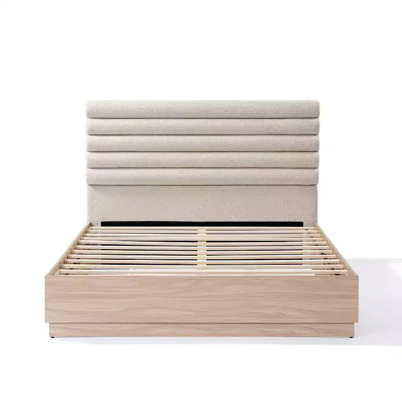 Cadre de lit en bois avec tête de lit capitonnée en boucle taupe