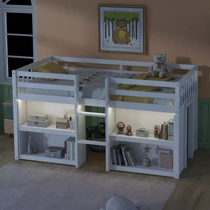Lit superposé bas pour enfant avec étagères à deux niveaux et lumière LED, 79,8''L * 43,9''l, taille double
