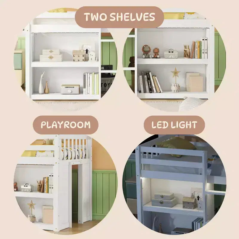 Lit superposé bas pour enfant avec étagères à deux niveaux et lumière LED, 79,8''L * 43,9''l, taille double