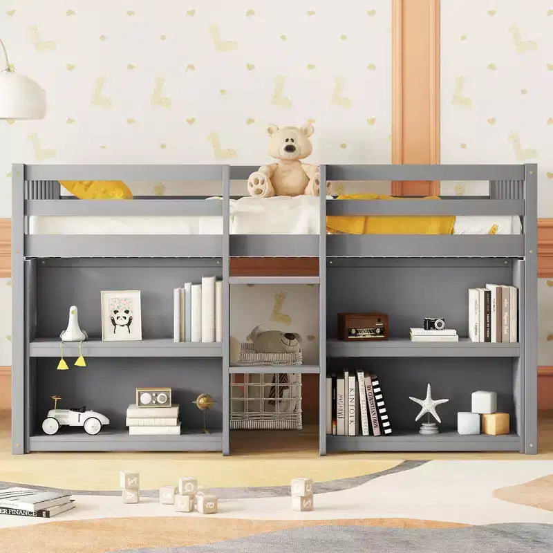 Lit superposé bas pour enfant avec étagères à deux niveaux et lumière LED, 79,8''L * 43,9''l, taille double
