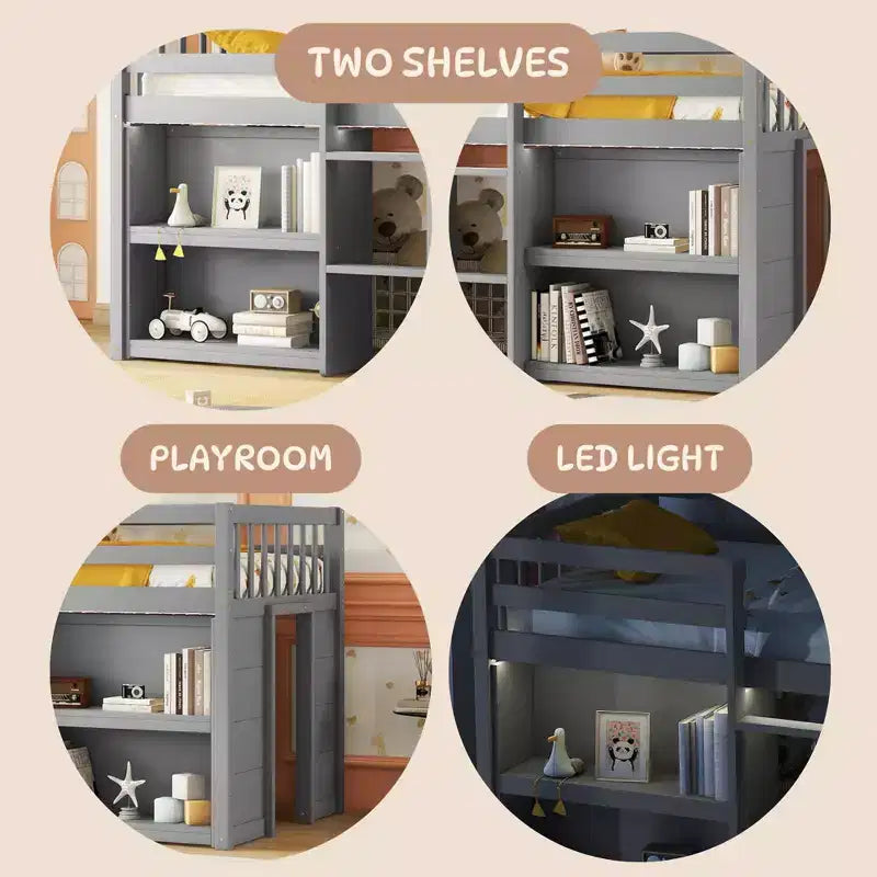 Lit superposé bas pour enfant avec étagères à deux niveaux et lumière LED, 79,8''L * 43,9''l, taille double
