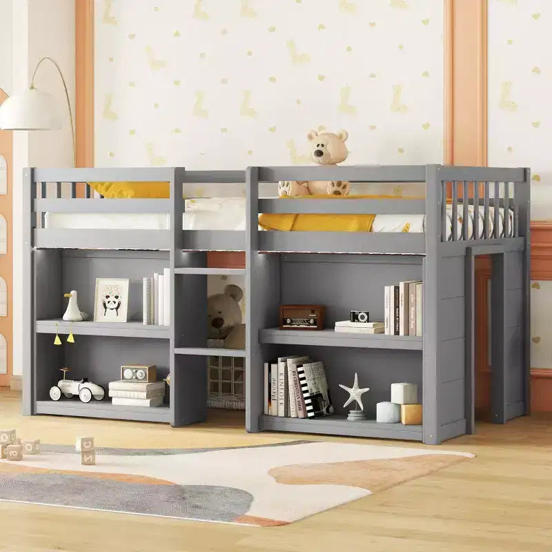 Whisen 79.8''L * 43.9''W Twin Size Kid Low Loft Bed With Two-Tier Shelves And LED Light