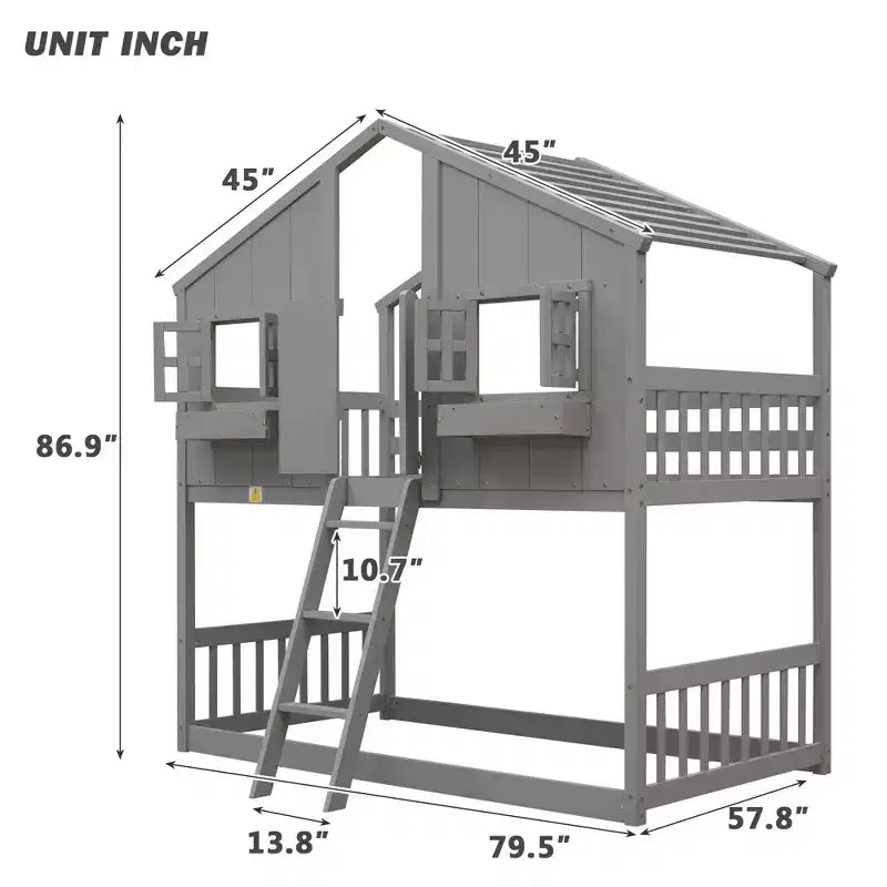 Lit superposé cabane double sur lit simple avec toit, fenêtre, jardinière, porte et barrières de sécurité