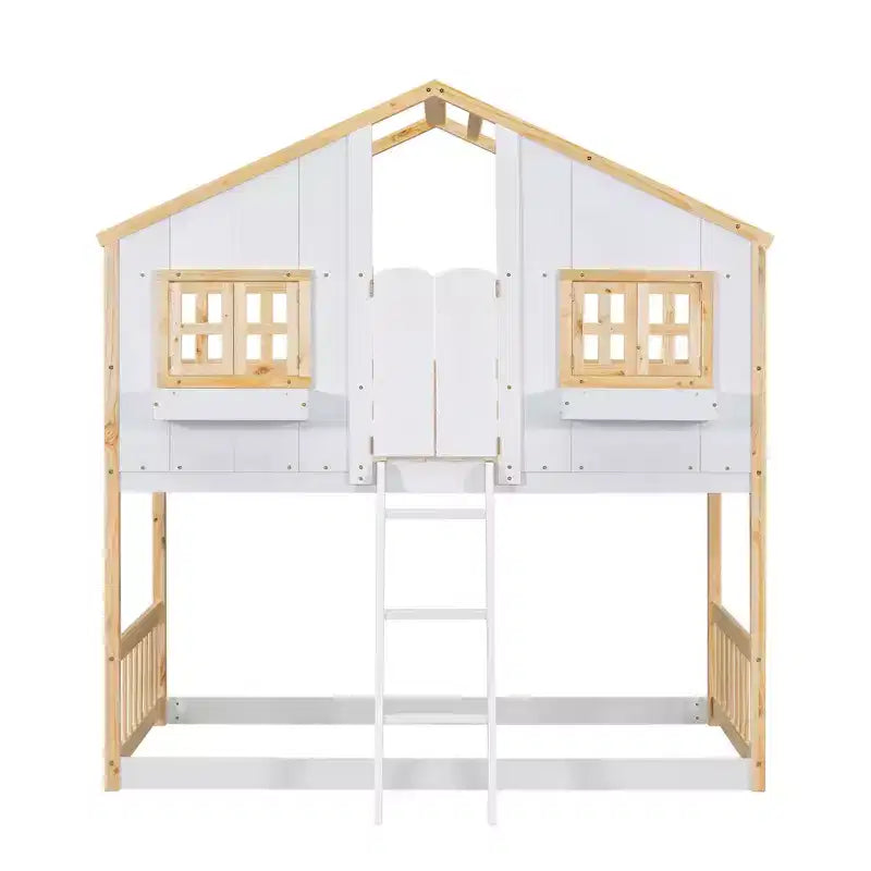 Lit superposé cabane double sur lit simple avec toit, fenêtre, jardinière, porte et barrières de sécurité