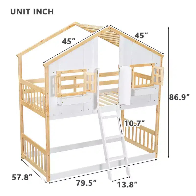 Lit superposé cabane double sur lit simple avec toit, fenêtre, jardinière, porte et barrières de sécurité