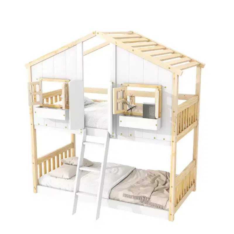 Lit superposé cabane double sur lit simple avec toit, fenêtre, jardinière, porte et barrières de sécurité