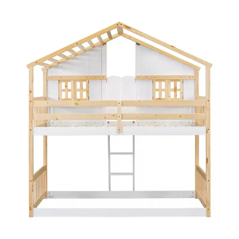 Lit superposé cabane double sur lit simple avec toit, fenêtre, jardinière, porte et barrières de sécurité