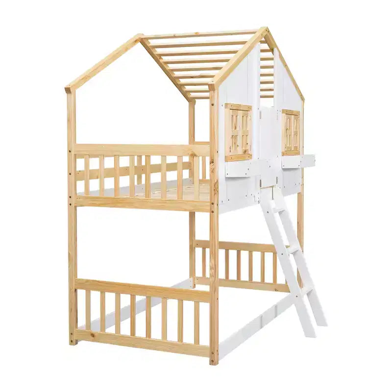 Lit superposé cabane double sur lit simple avec toit, fenêtre, jardinière, porte et barrières de sécurité