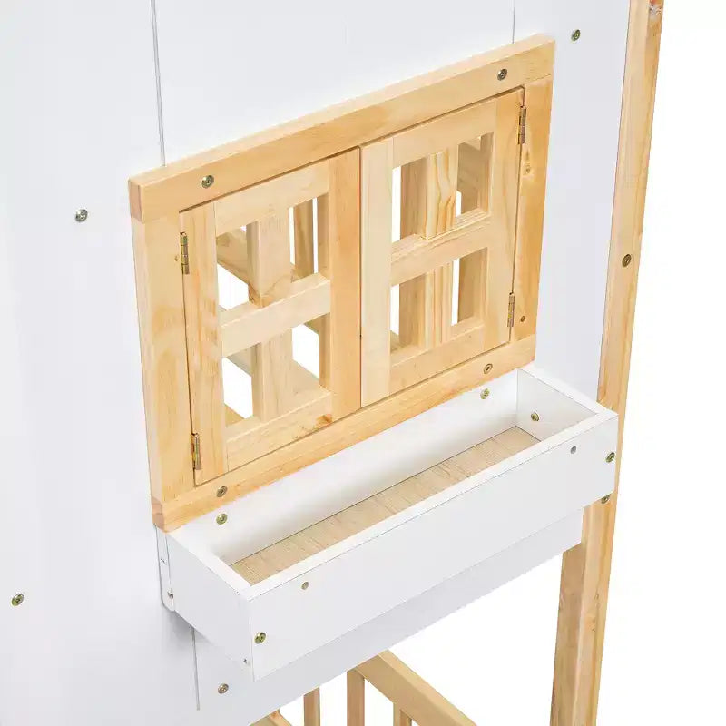 Lit superposé cabane double sur lit simple avec toit, fenêtre, jardinière, porte et barrières de sécurité