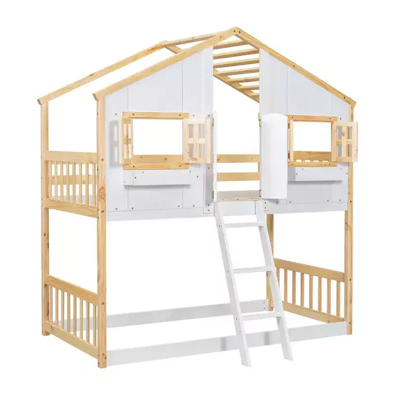 Lit superposé cabane double sur lit simple avec toit, fenêtre, jardinière, porte et barrières de sécurité