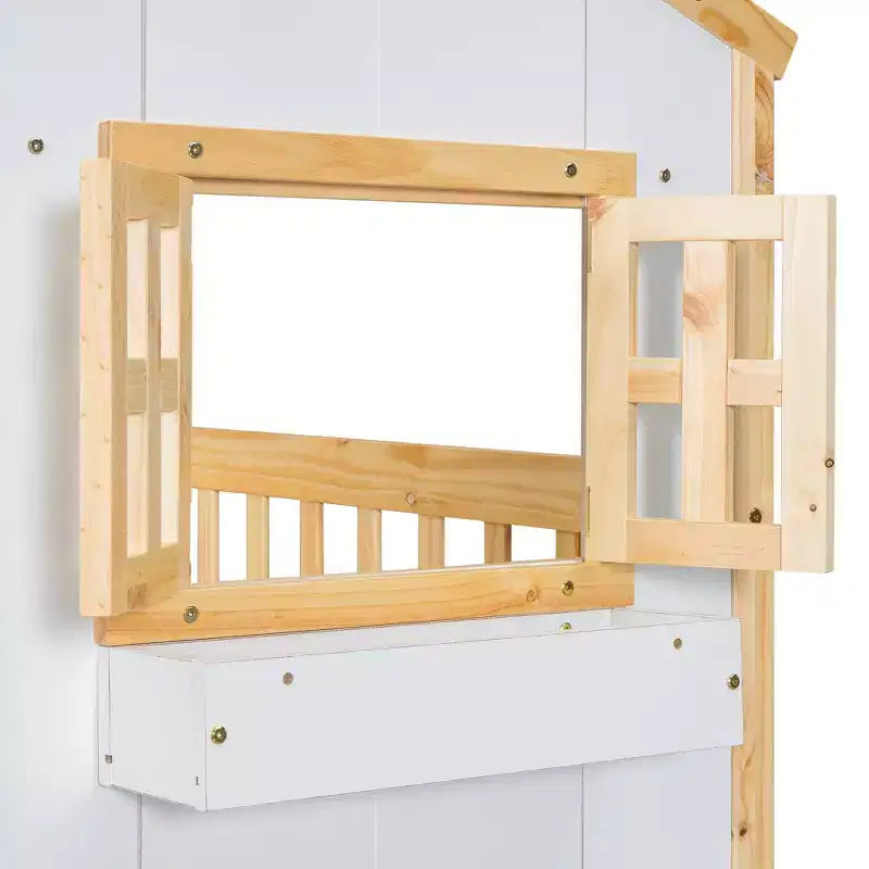 Lit superposé cabane double sur lit simple avec toit, fenêtre, jardinière, porte et barrières de sécurité
