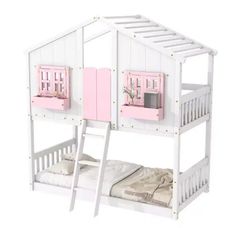 Lit superposé cabane double sur lit simple avec toit, fenêtre, jardinière, porte et barrières de sécurité
