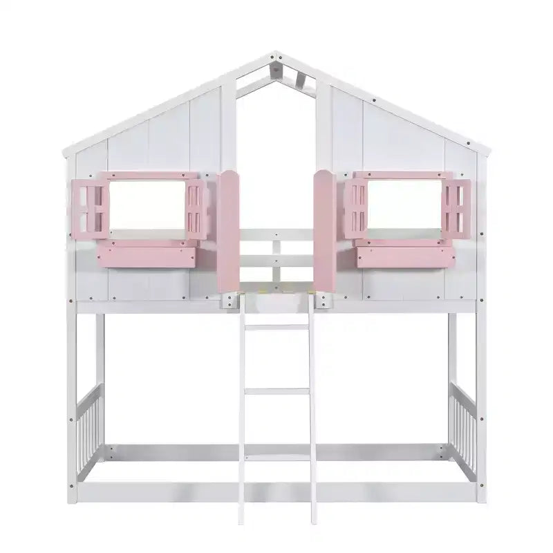 Lit superposé cabane double sur lit simple avec toit, fenêtre, jardinière, porte et barrières de sécurité