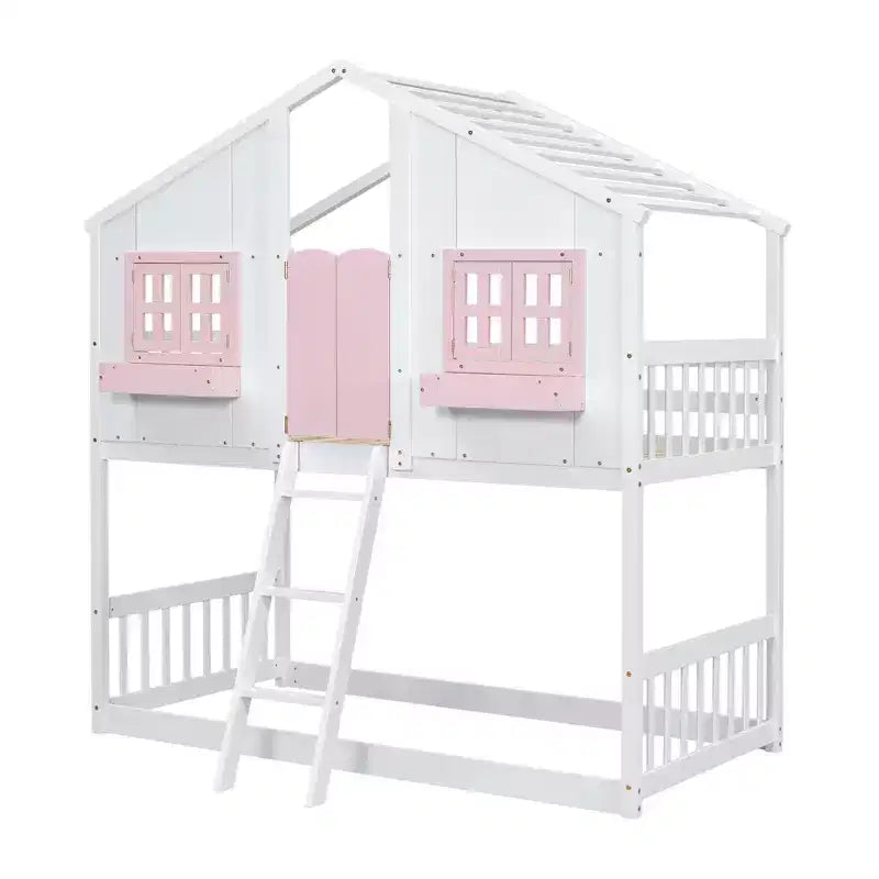 Lit superposé cabane double sur lit simple avec toit, fenêtre, jardinière, porte et barrières de sécurité