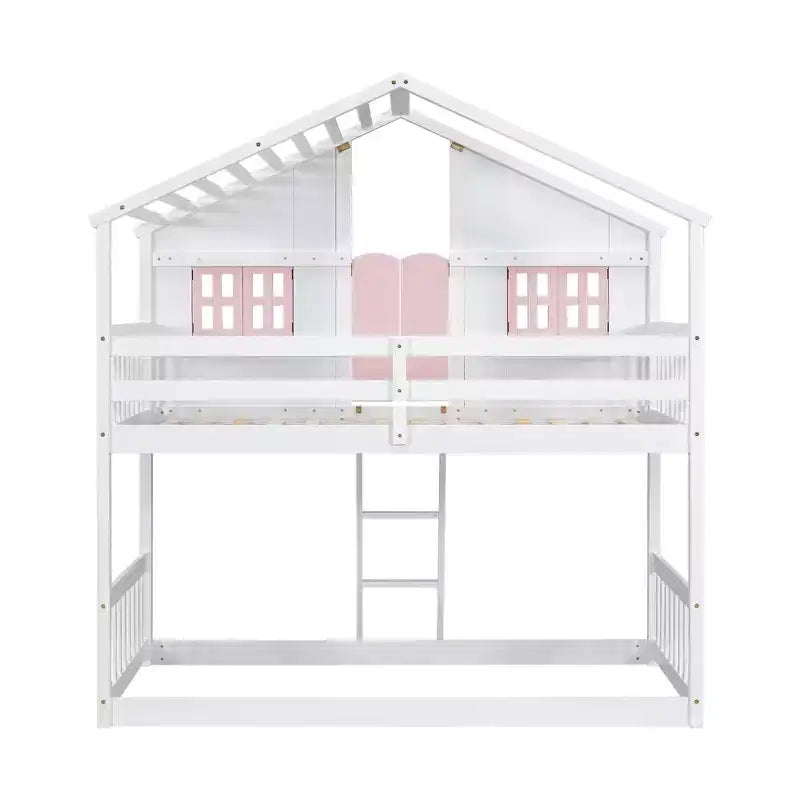 Lit superposé cabane double sur lit simple avec toit, fenêtre, jardinière, porte et barrières de sécurité