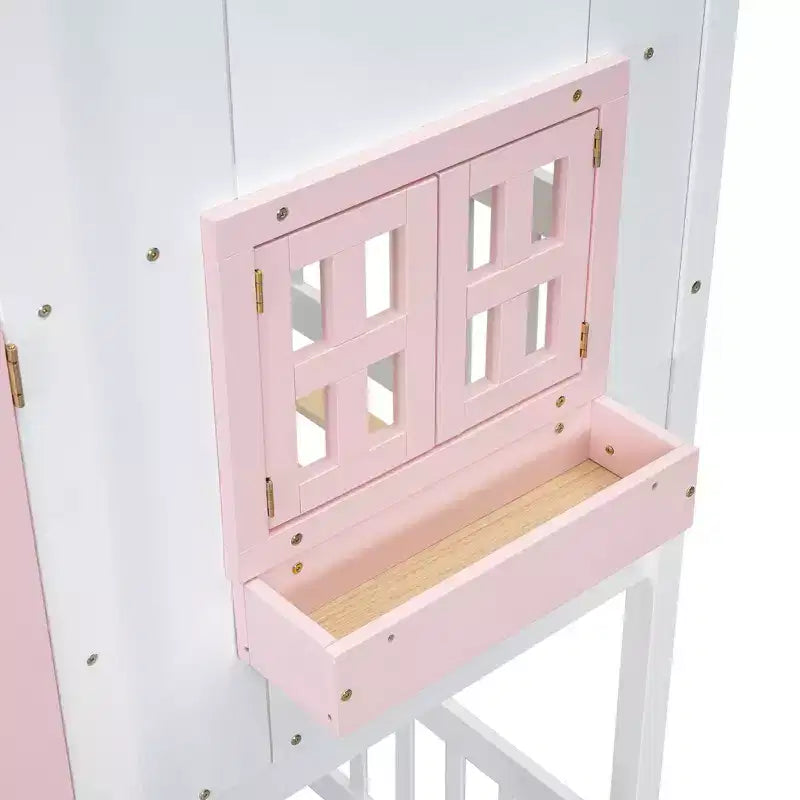 Lit superposé cabane double sur lit simple avec toit, fenêtre, jardinière, porte et barrières de sécurité