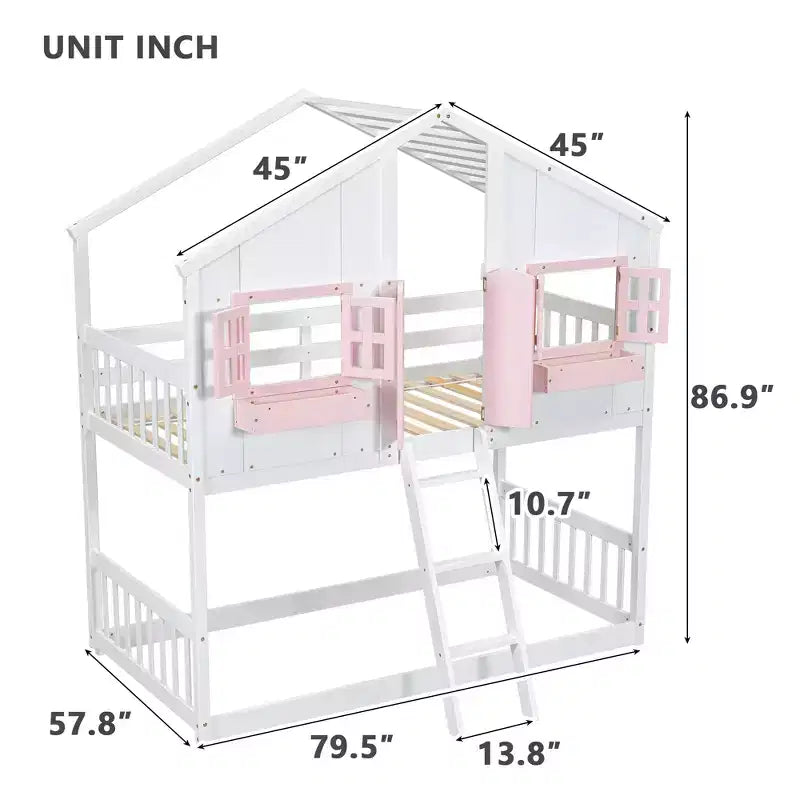 Lit superposé cabane double sur lit simple avec toit, fenêtre, jardinière, porte et barrières de sécurité