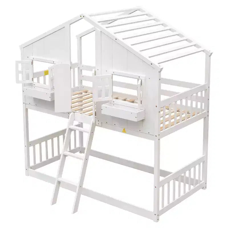 Lit superposé cabane double sur lit simple avec toit, fenêtre, jardinière, porte et barrières de sécurité