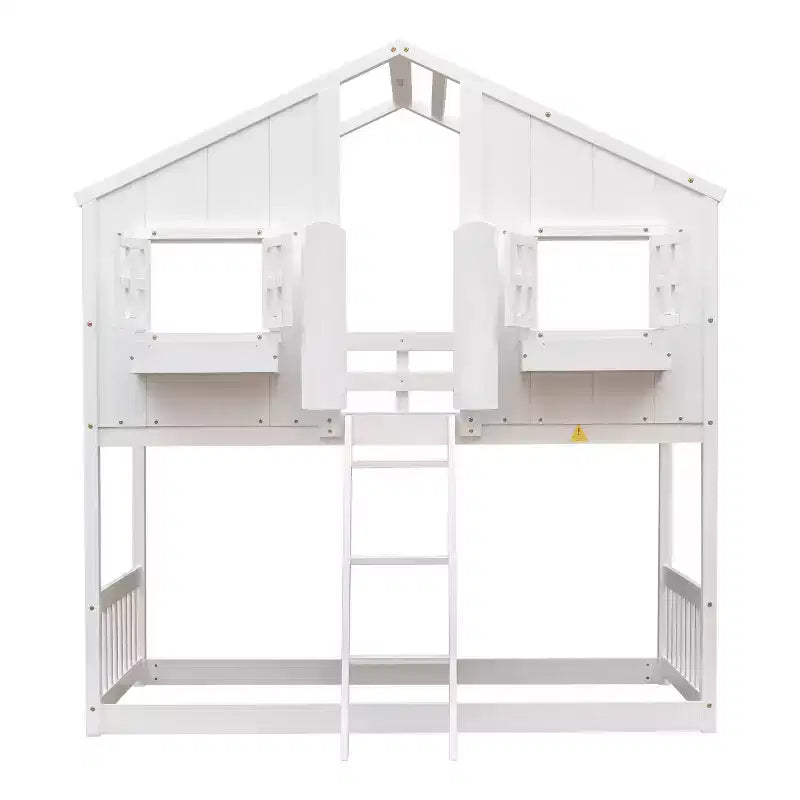 Lit superposé cabane double sur lit simple avec toit, fenêtre, jardinière, porte et barrières de sécurité