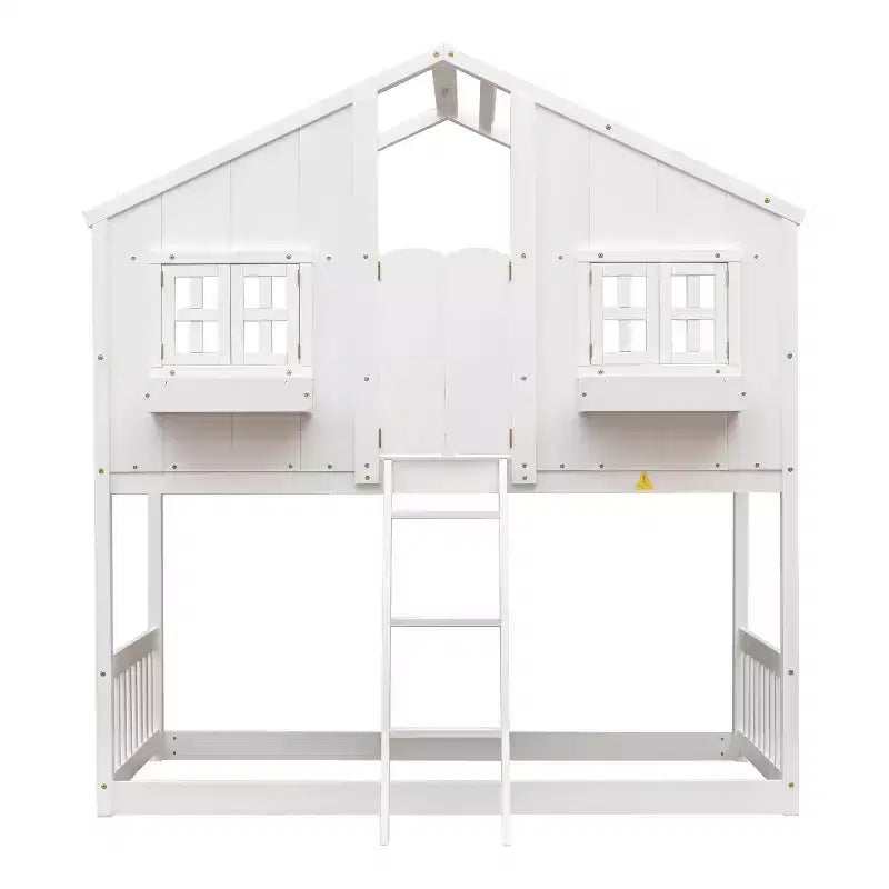 Lit superposé cabane double sur lit simple avec toit, fenêtre, jardinière, porte et barrières de sécurité