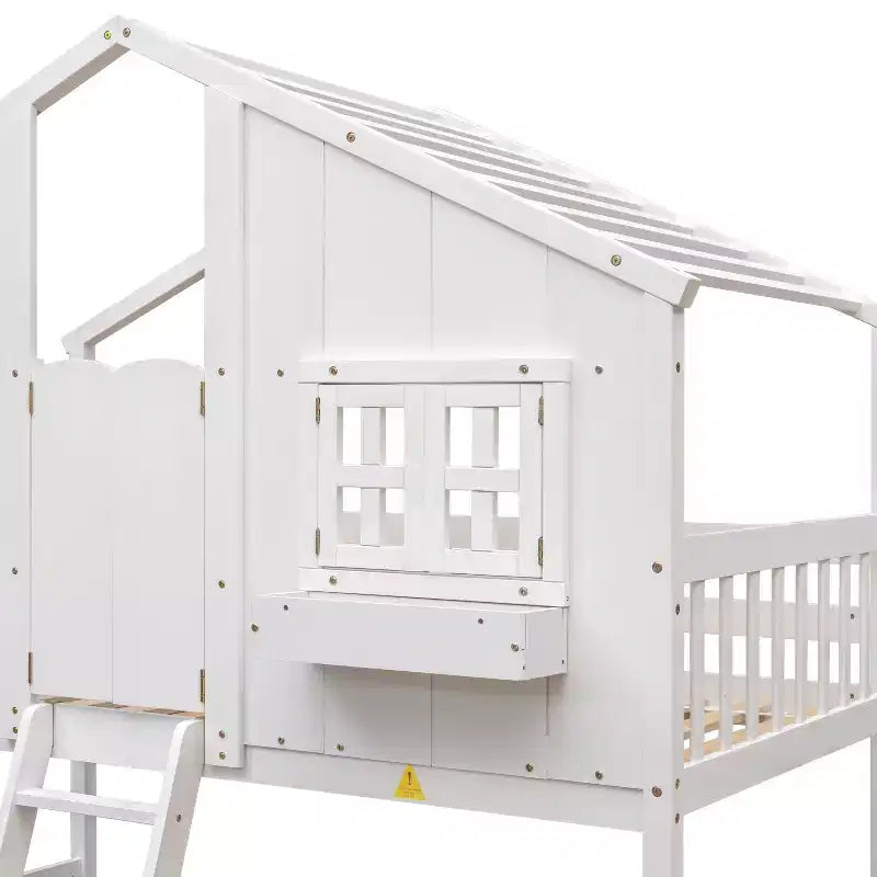 Lit superposé cabane double sur lit simple avec toit, fenêtre, jardinière, porte et barrières de sécurité