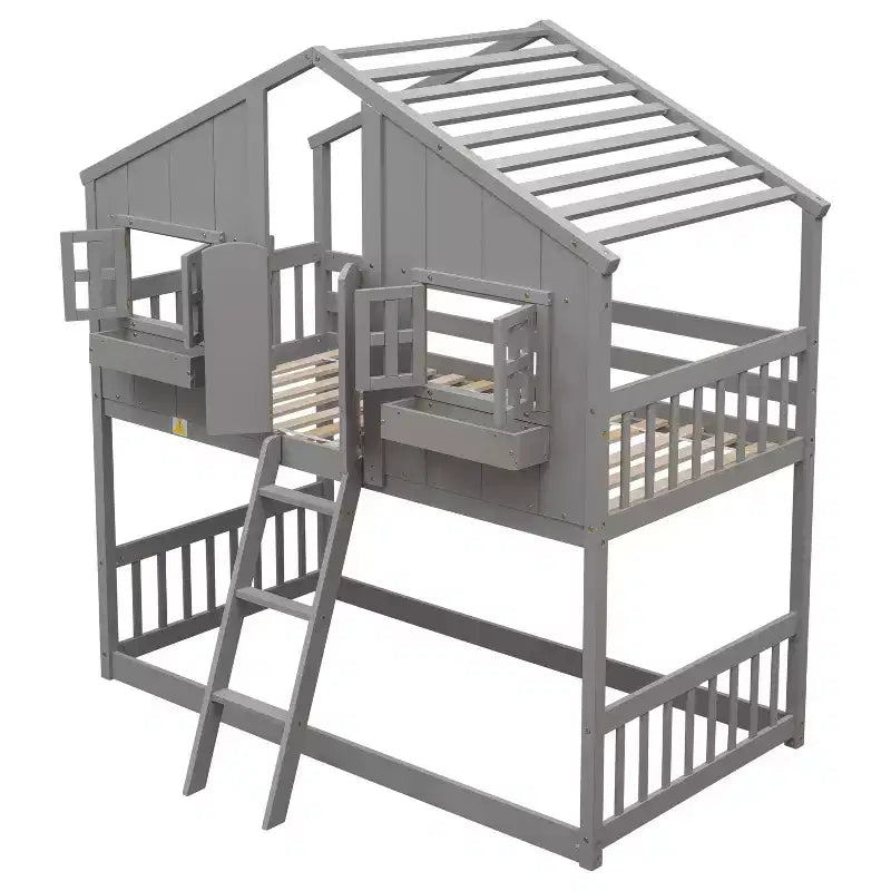 Lit superposé cabane double sur lit simple avec toit, fenêtre, jardinière, porte et barrières de sécurité