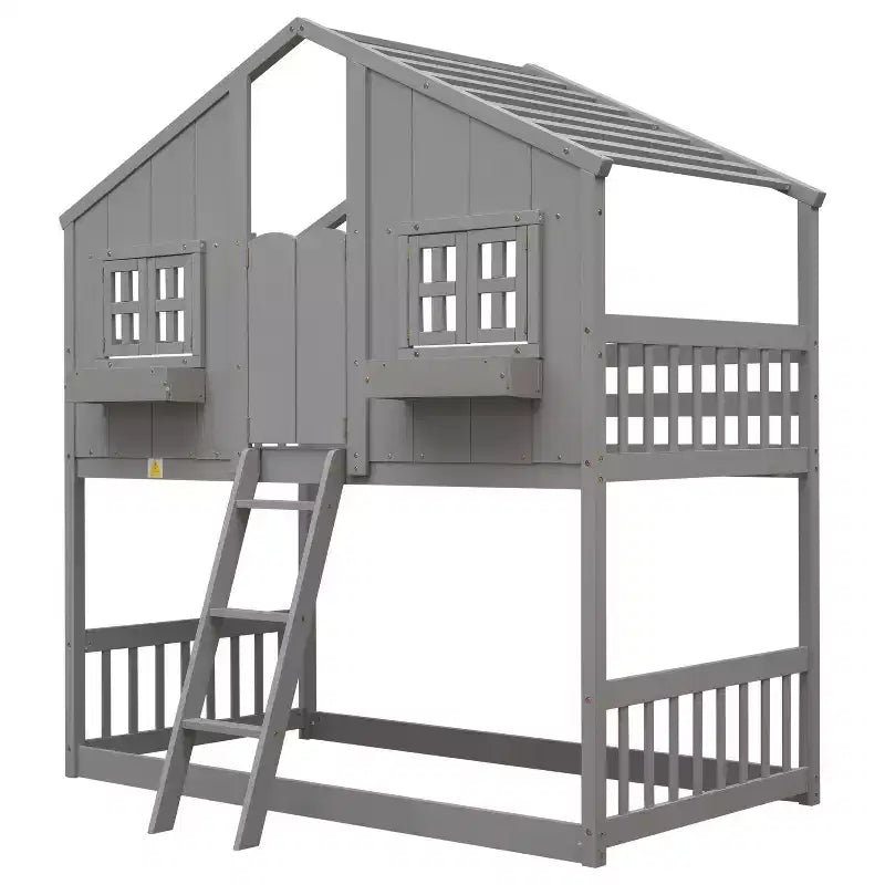 Lit superposé cabane double sur lit simple avec toit, fenêtre, jardinière, porte et barrières de sécurité