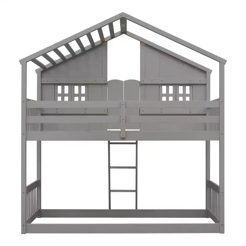 Lit superposé cabane double sur lit simple avec toit, fenêtre, jardinière, porte et barrières de sécurité