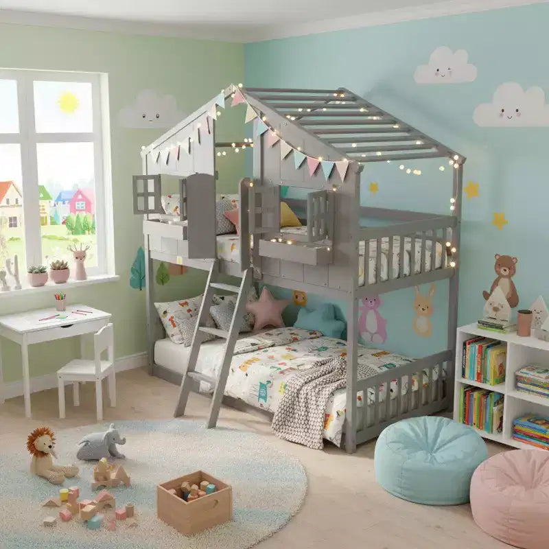 Whisen Twin over Twin House Bunk Bed with Roof, Window, Window Box, Door, with Safety Guardrails and Ladder
