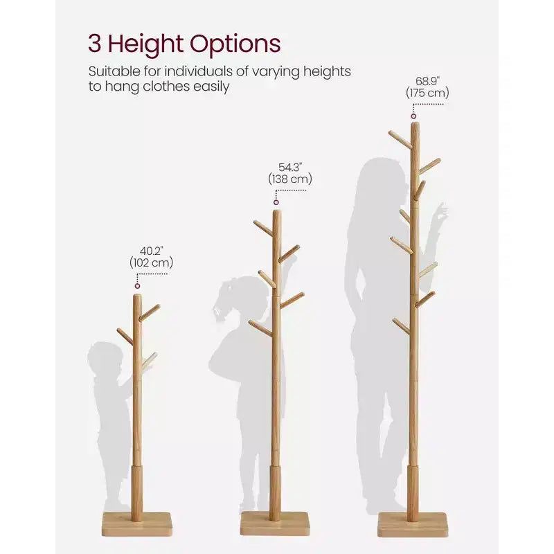 Porte-manteau en bois, Arbre porte-manteau autoportant pour hall d'entrée avec 8 crochets, 3 options de hauteur, pour manteaux, chapeaux,, sacs, sacs à main, pour