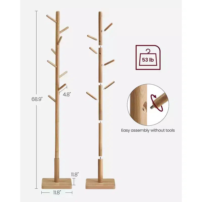 Porte-manteau en bois, Arbre porte-manteau autoportant pour hall d'entrée avec 8 crochets, 3 options de hauteur, pour manteaux, chapeaux,, sacs, sacs à main, pour
