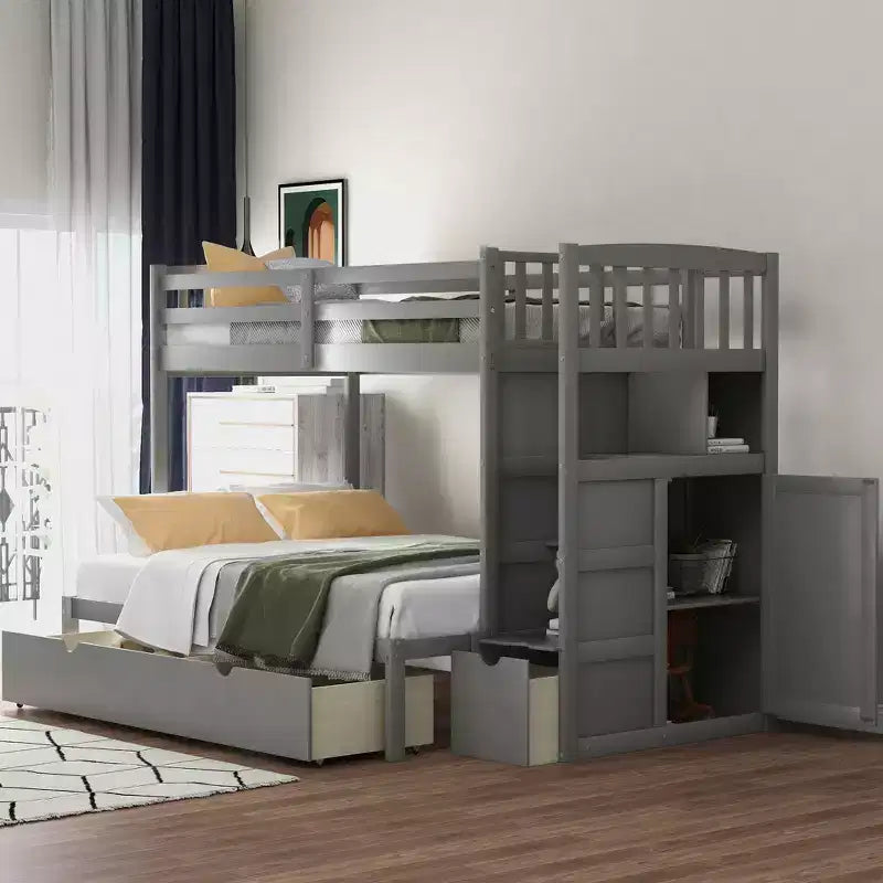 Whisen Twin over Full / Twin Bunk Bed, Convertible Bottom Bed, Storage Shelves and Drawers