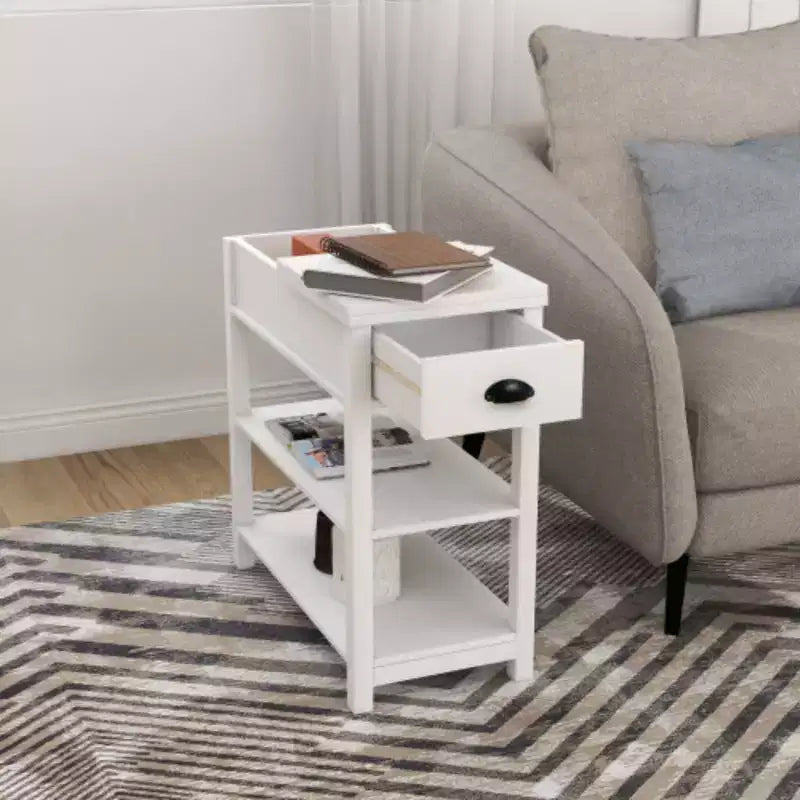 Compact Side Table with Drawers & Flip-Design Bottom Shelf for Storage Efficiency