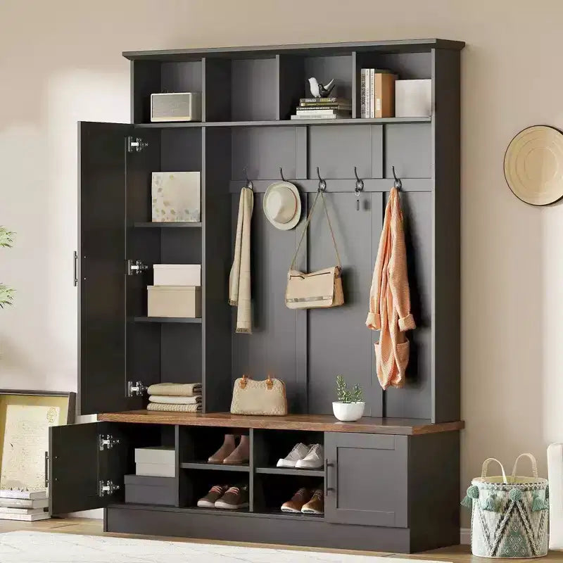 Banc à Chaussures, Portemanteau Multifonctionnel à 6 Crochets, Porte-Manteau d'Entrée en Bois avec Rangement de Chaussures pour Couloir, Salon
