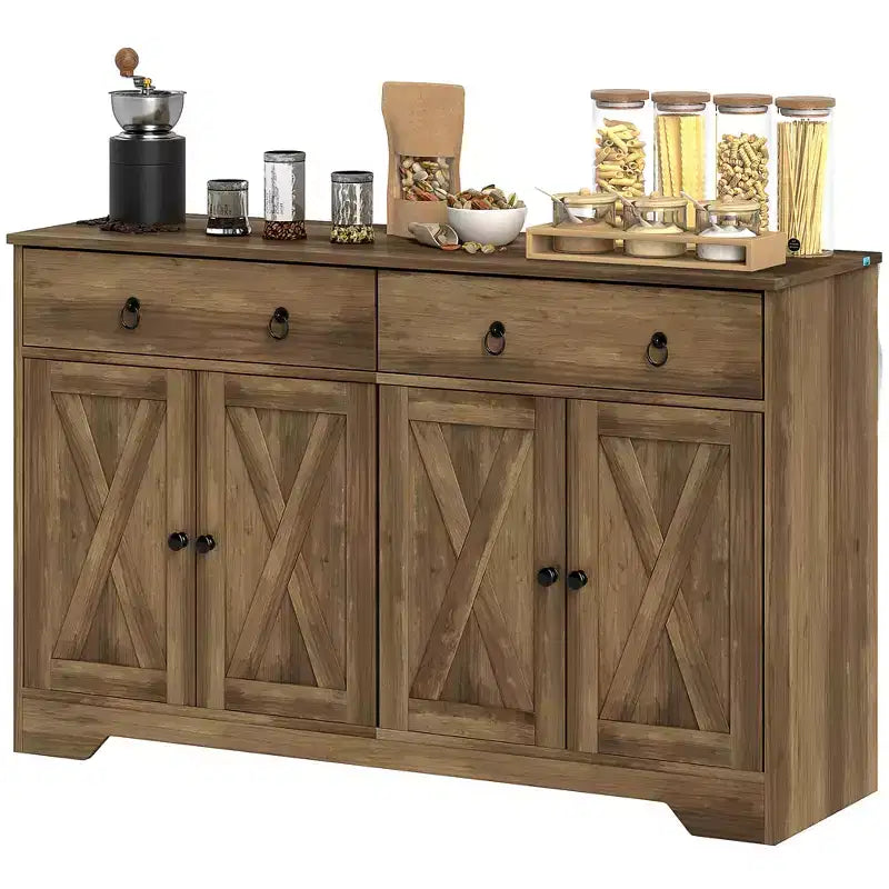 Buffet de salle à manger, buffet de bar à café de ferme avec 2 tiroirs et portes de grange, table de buffet avec étagères réglables
