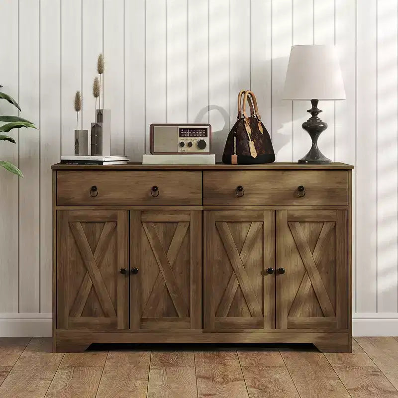Buffet de salle à manger, buffet de bar à café de ferme avec 2 tiroirs et portes de grange, table de buffet avec étagères réglables