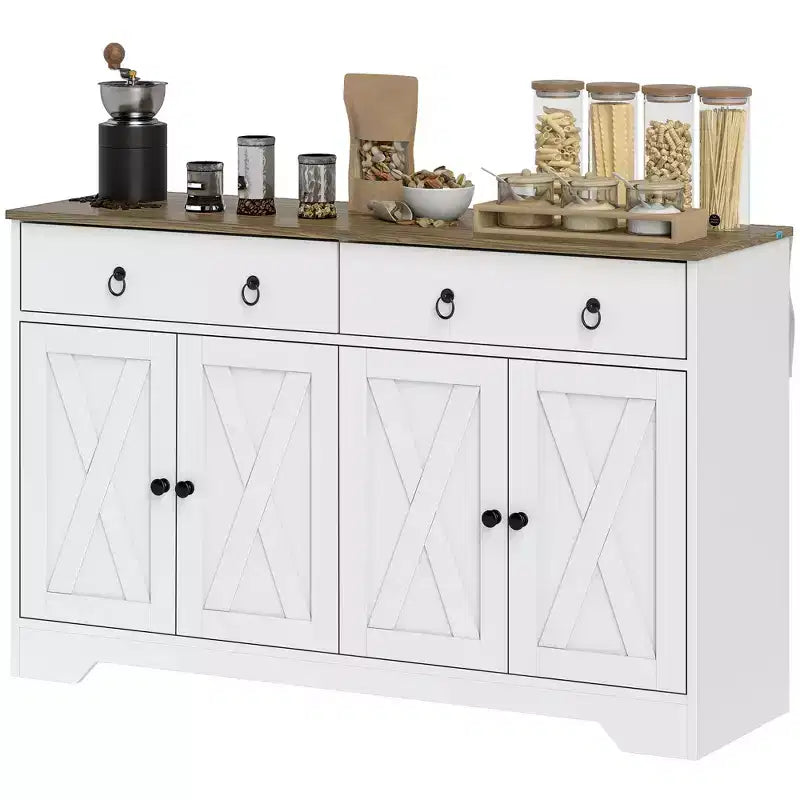 Buffet de salle à manger, buffet de bar à café de ferme avec 2 tiroirs et portes de grange, table de buffet avec étagères réglables