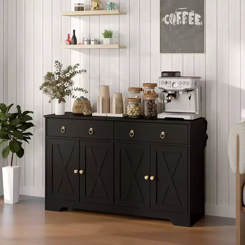 Buffet de salle à manger, buffet de bar à café de ferme avec 2 tiroirs et portes de grange, table de buffet avec étagères réglables