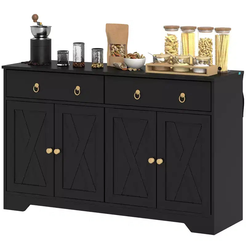 Buffet de salle à manger, buffet de bar à café de ferme avec 2 tiroirs et portes de grange, table de buffet avec étagères réglables