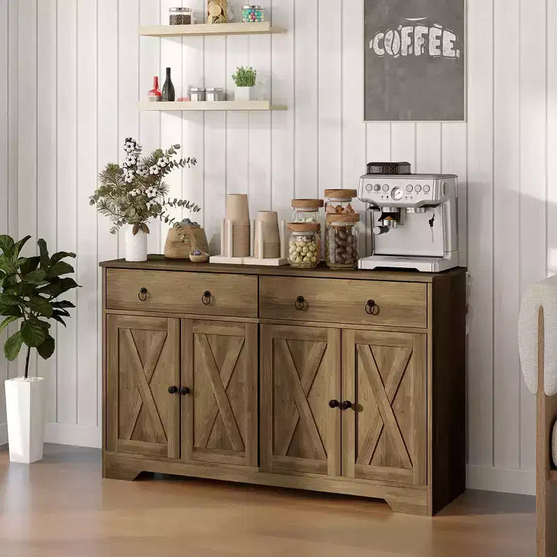 Buffet de salle à manger, buffet de bar à café de ferme avec 2 tiroirs et portes de grange, table de buffet avec étagères réglables