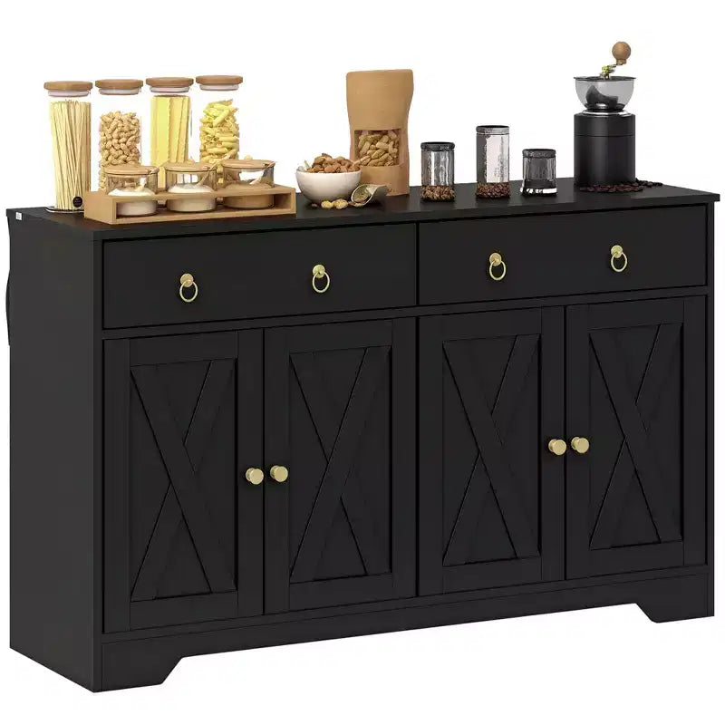 HOMCOM Sideboard Buffet Cabinet, Farmhouse Coffee Bar Cabinet with 2 Drawers and Barn Doors, Buffet Table with Adjustable Shelves