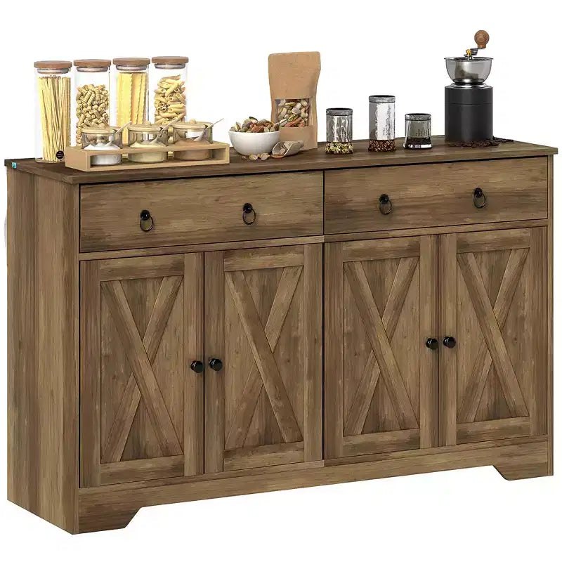 Buffet de salle à manger, buffet de bar à café de ferme avec 2 tiroirs et portes de grange, table de buffet avec étagères réglables