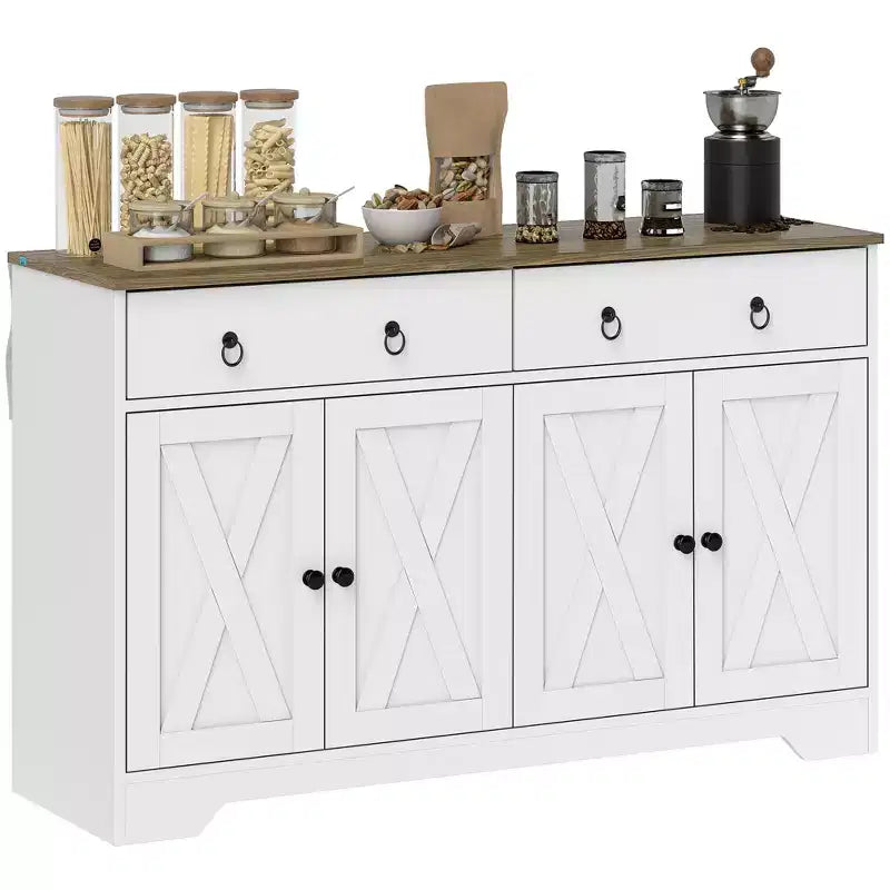 Buffet de salle à manger, buffet de bar à café de ferme avec 2 tiroirs et portes de grange, table de buffet avec étagères réglables