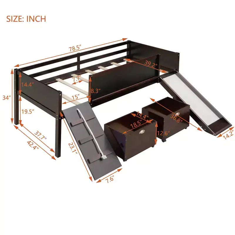 78.5Lx79.2'W Lit Mezzanine pour Lit Simple Design Moderne en Bois avec Deux Rangement