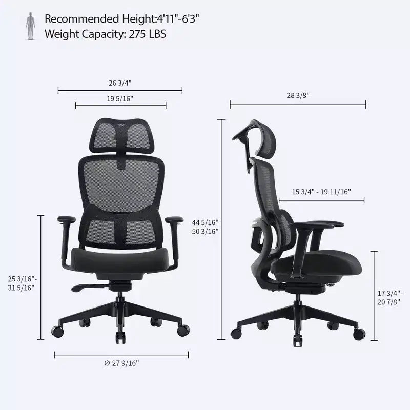 Chaise de bureau lombaire réglable avec support ergonomique et accoudoirs relevables