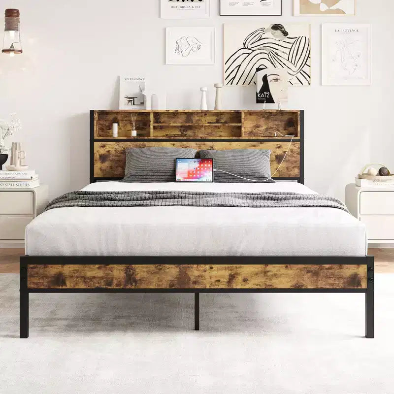 Queen Metal Bed Frame: Storage Headboard, Charging Station, Bookcase, No Box Spring, Easy Assembly, Black