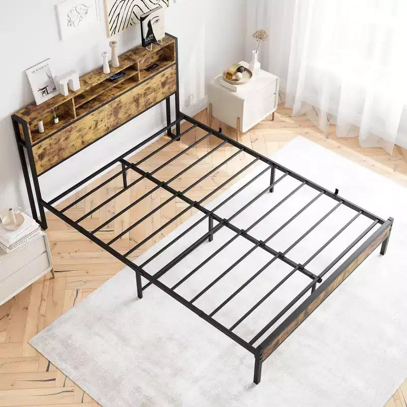Metal Bed Frame: Storage Headboard, Charging Station, Bookcase, No Box Spring, Easy Assembly, Black