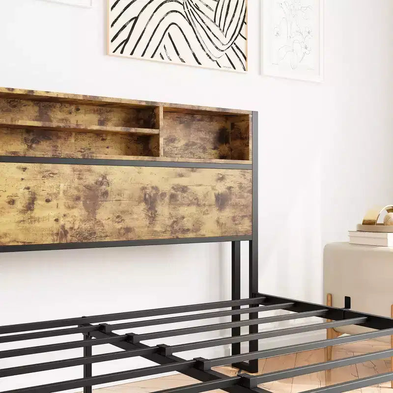 Metal Bed Frame: Storage Headboard, Charging Station, Bookcase, No Box Spring, Easy Assembly, Black